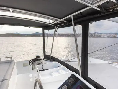 Cockpit of MADICON, a Lagoon 450 Fly catamaran at Parikia, Greece