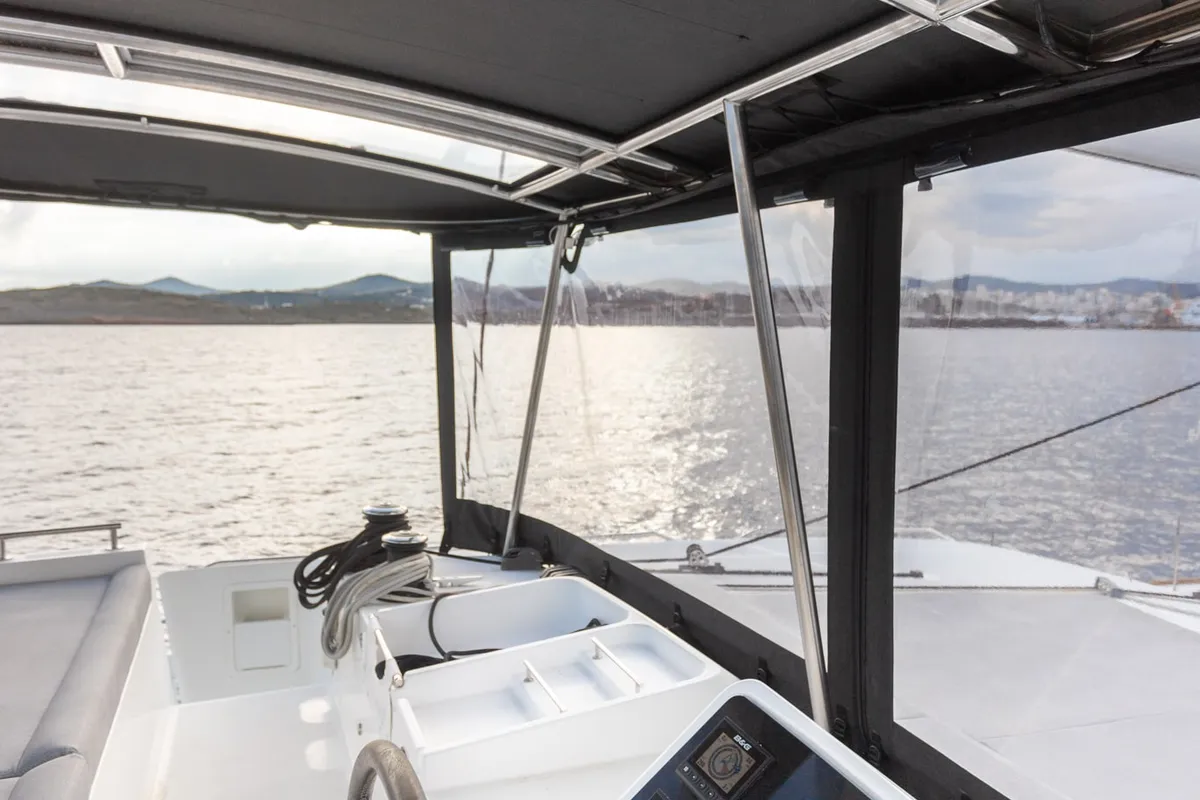 Cockpit of MADICON, a Lagoon 450 Fly catamaran at Parikia, Greece