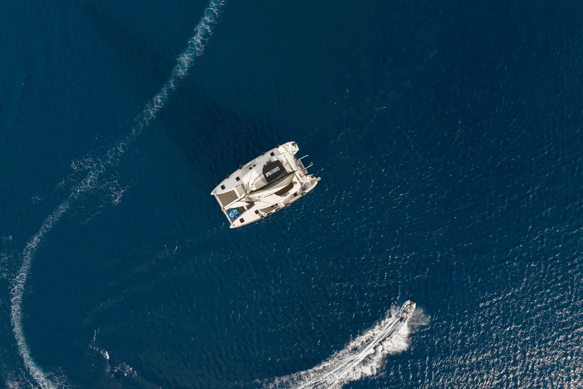 Exterior view of MADICON, a Lagoon 450 Fly catamaran at Parikia, Greece