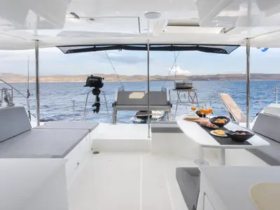 Deck of MADICON, a Lagoon 450 Fly catamaran at Parikia, Greece