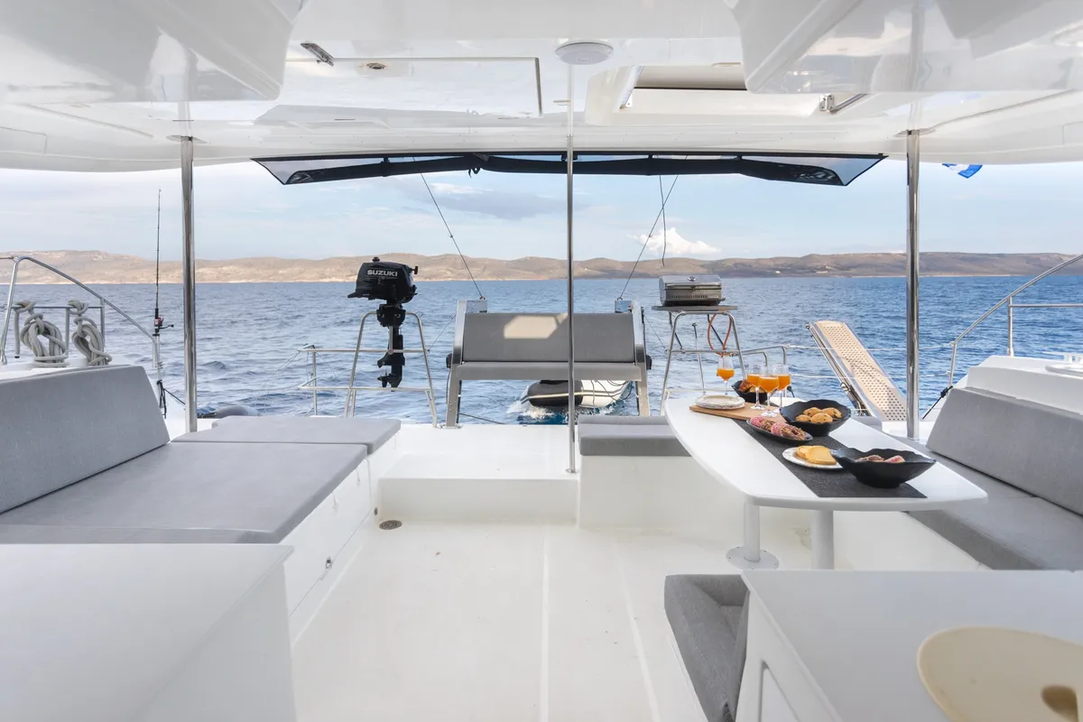 Deck of MADICON, a Lagoon 450 Fly catamaran at Parikia, Greece