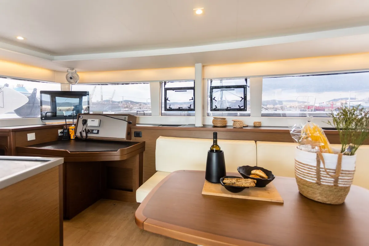 Salon of MADICON, a Lagoon 450 Fly catamaran at Parikia, Greece