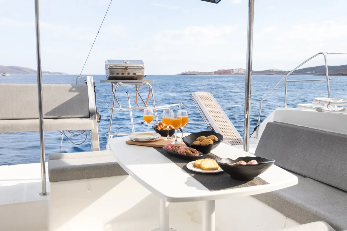 Deck of MADICON, a Lagoon 450 Fly catamaran at Parikia, Greece