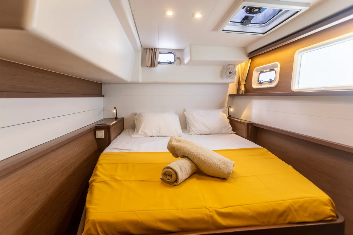 Cabin on MADICON, a Lagoon 450 Fly catamaran at Parikia, Greece