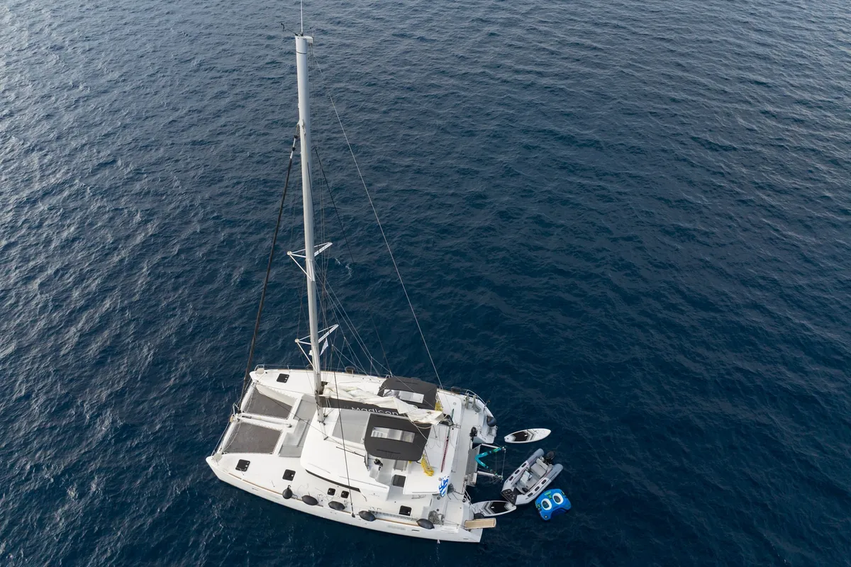 Exterior view of MADICON, a Lagoon 450 Fly catamaran at Parikia, Greece