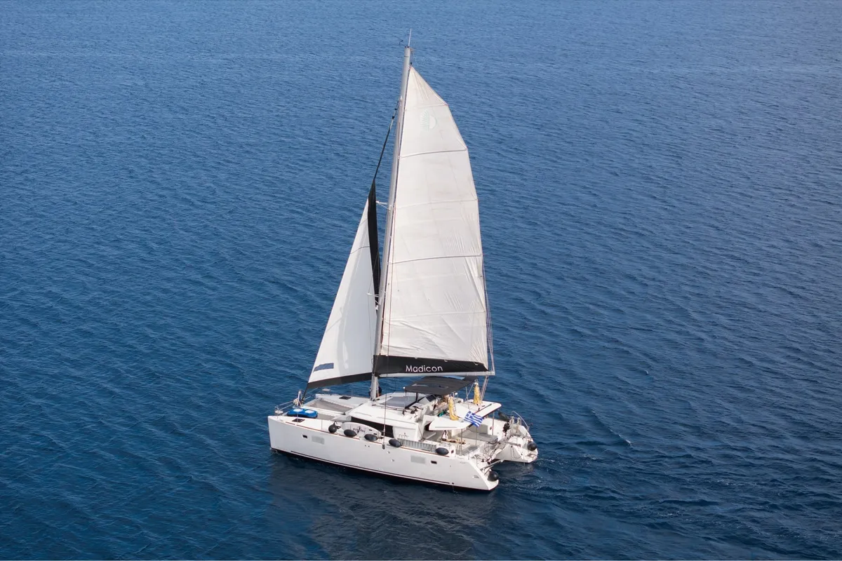 Exterior view of MADICON, a Lagoon 450 Fly catamaran at Parikia, Greece