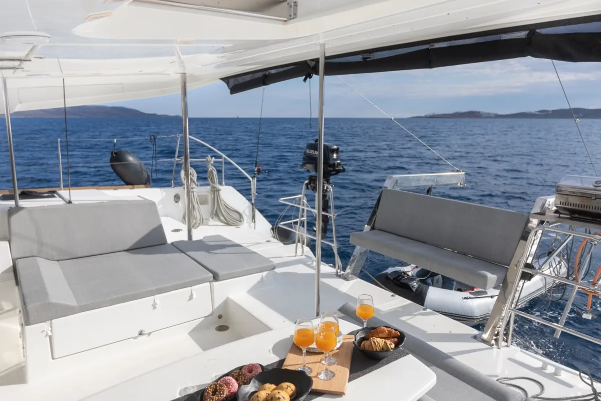 Deck of MADICON, a Lagoon 450 Fly catamaran at Parikia, Greece