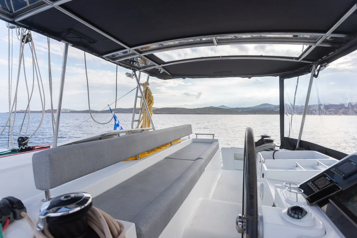 Cockpit of MADICON, a Lagoon 450 Fly catamaran at Parikia, Greece