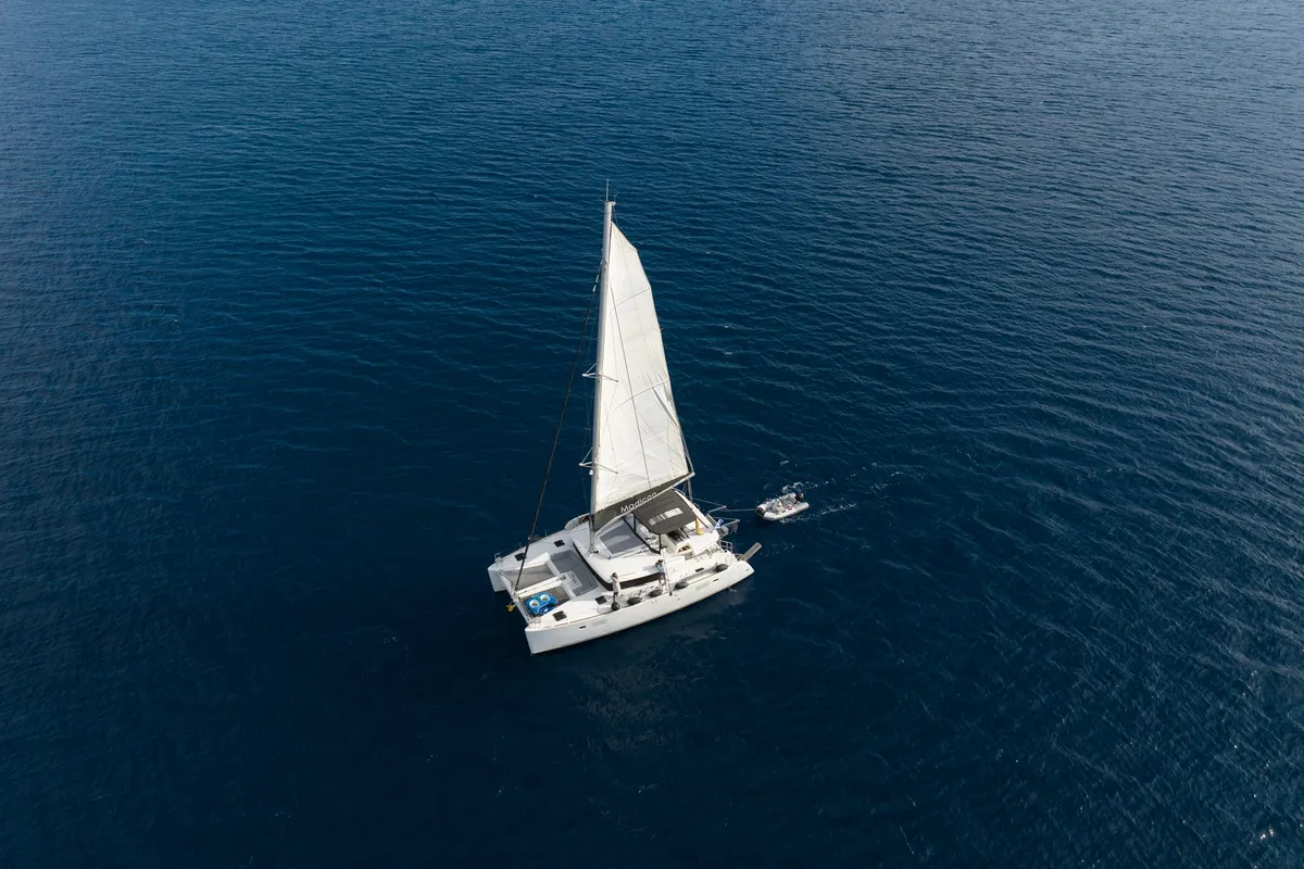 Exterior view of MADICON, a Lagoon 450 Fly catamaran at Parikia, Greece