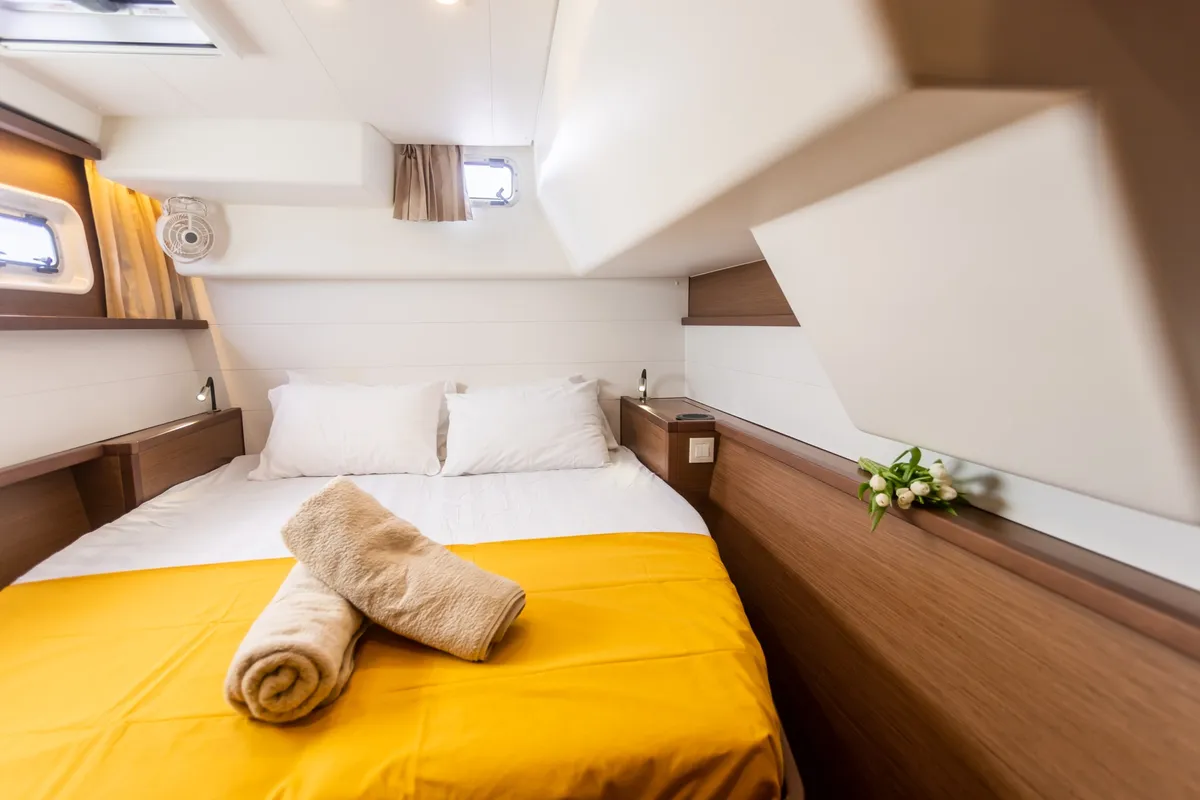 Cabin on MADICON, a Lagoon 450 Fly catamaran at Parikia, Greece