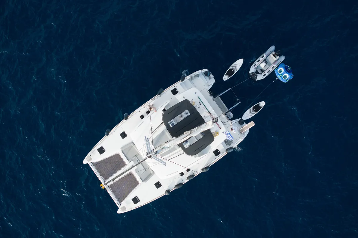 Exterior view of MADICON, a Lagoon 450 Fly catamaran at Parikia, Greece