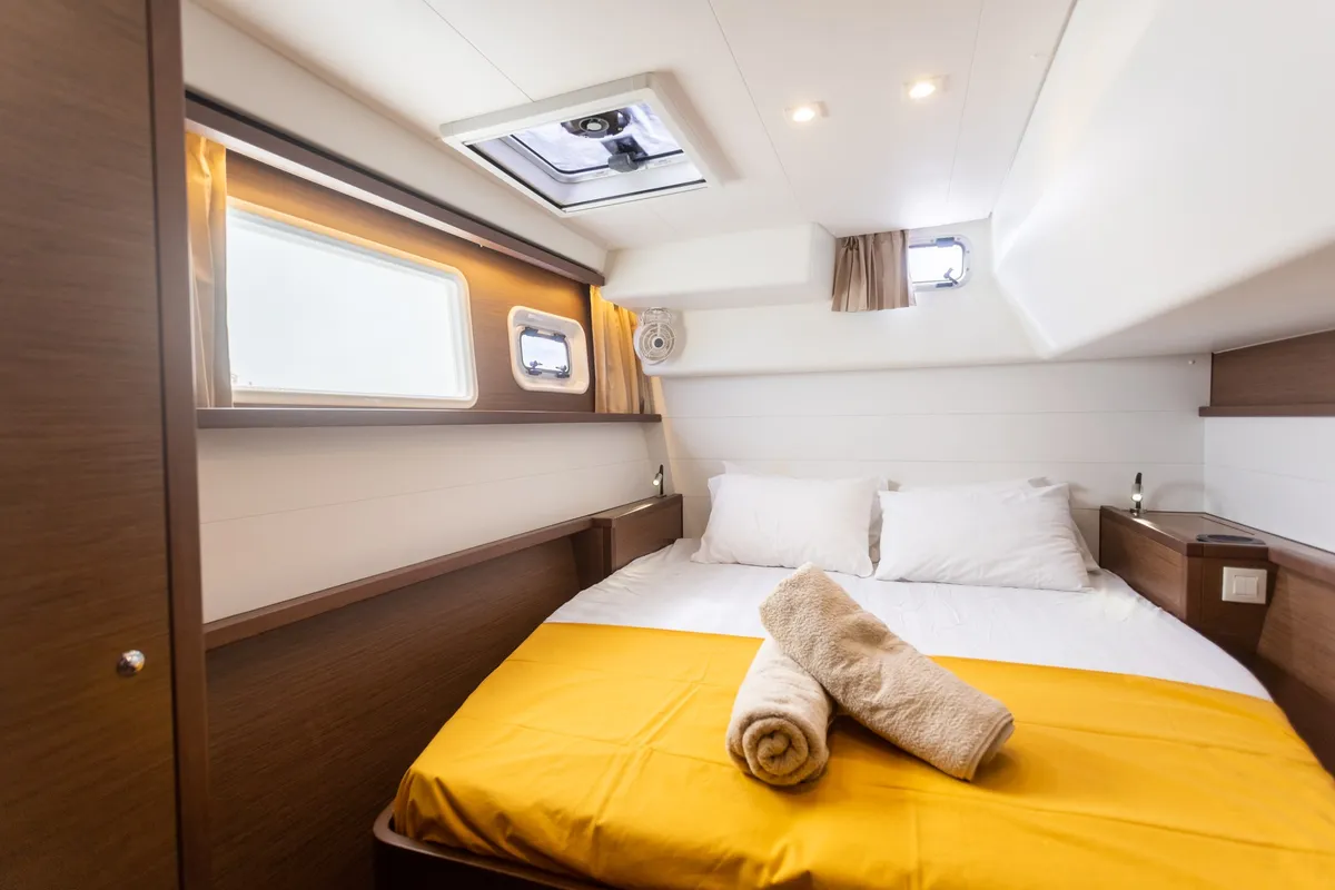 Cabin on MADICON, a Lagoon 450 Fly catamaran at Parikia, Greece