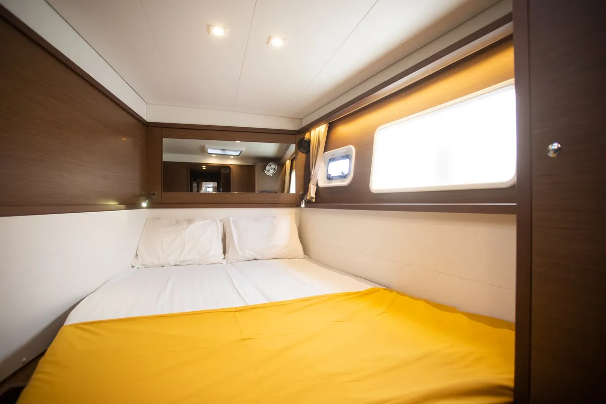 Cabin on MADICON, a Lagoon 450 Fly catamaran at Parikia, Greece