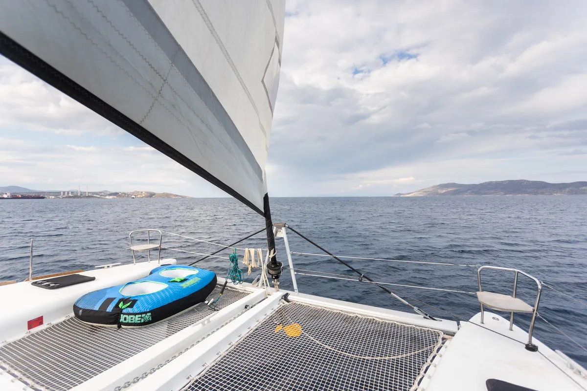 Deck of MADICON, a Lagoon 450 Fly catamaran at Parikia, Greece