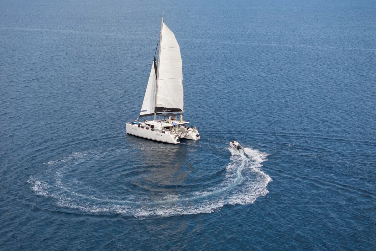 Exterior view of MADICON, a Lagoon 450 Fly catamaran at Parikia, Greece