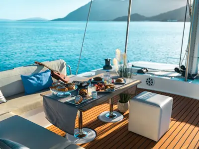 Deck of Olea Crewed Elegant Pack, a Bali 4.8 catamaran at Lefkada, Greece