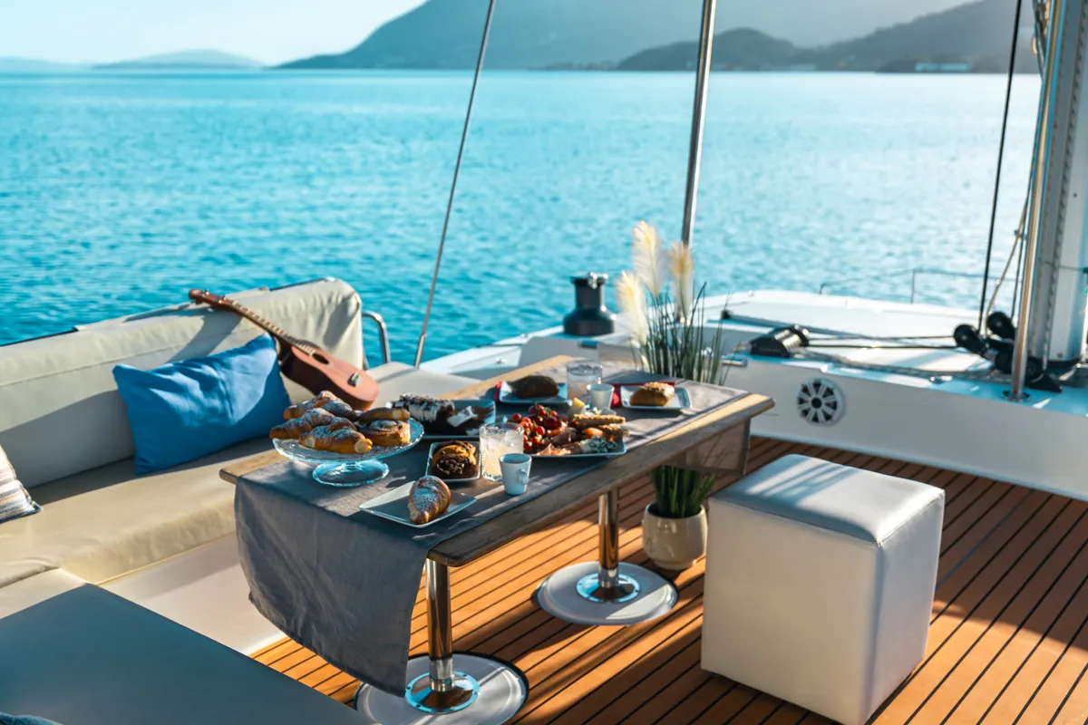 Deck of Olea Crewed Elegant Pack, a Bali 4.8 catamaran at Lefkada, Greece
