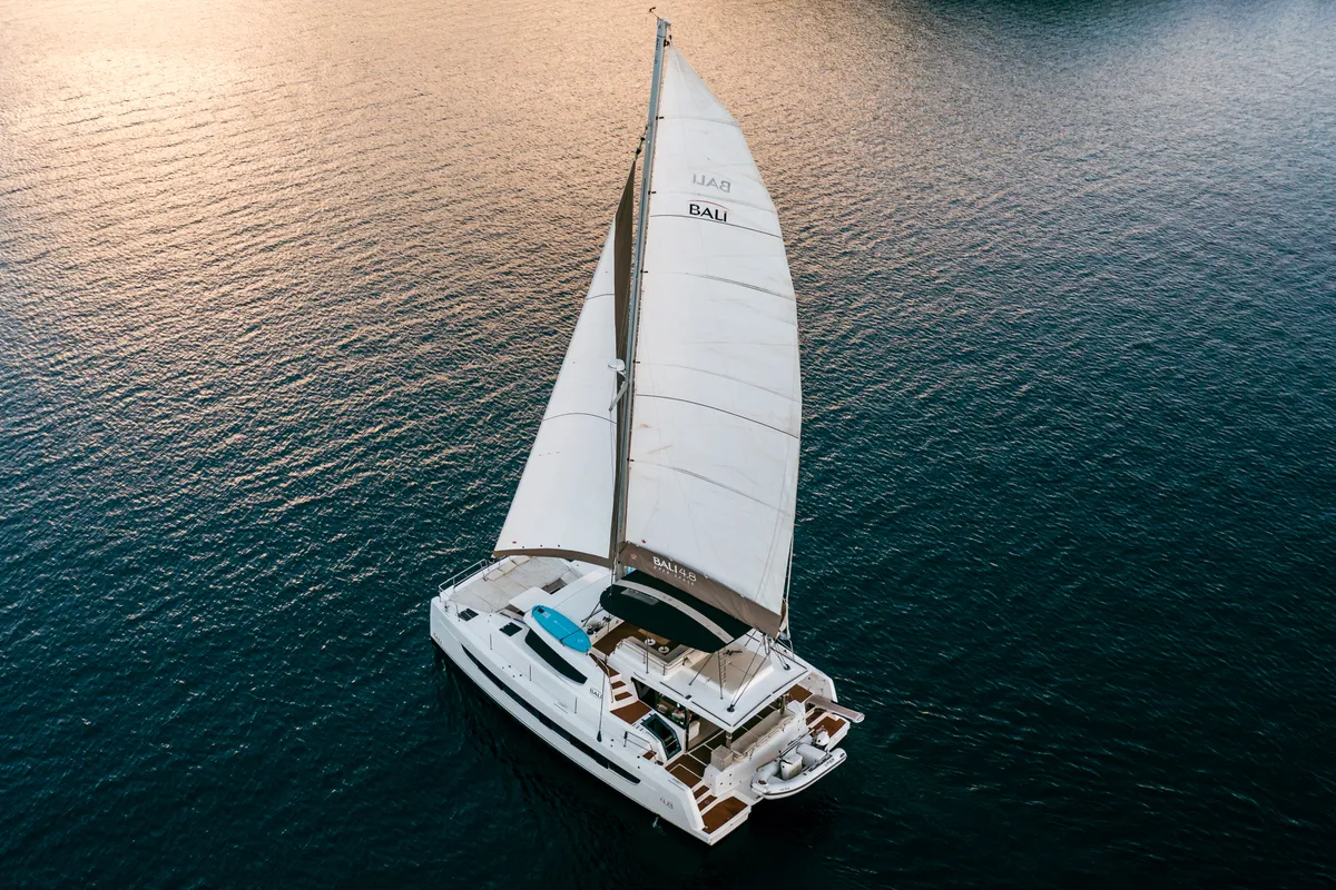 Exterior view of Olea Crewed Elegant Pack, a Bali 4.8 catamaran at Lefkada, Greece