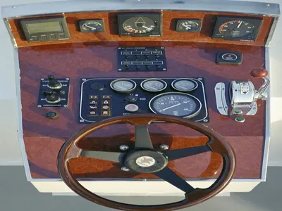 Cockpit of Surrender, a De Drait Tyvano 1340 motorboat at Drachten, Netherlands