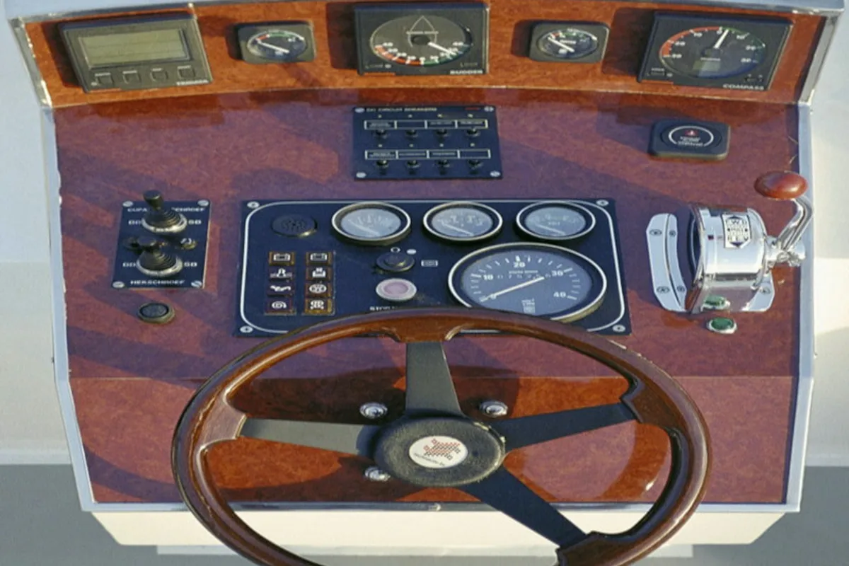 Cockpit of Surrender, a De Drait Tyvano 1340 motorboat at Drachten, Netherlands