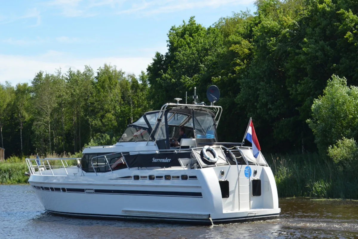 Exterior view of Surrender, a De Drait Tyvano 1340 motorboat at Drachten, Netherlands