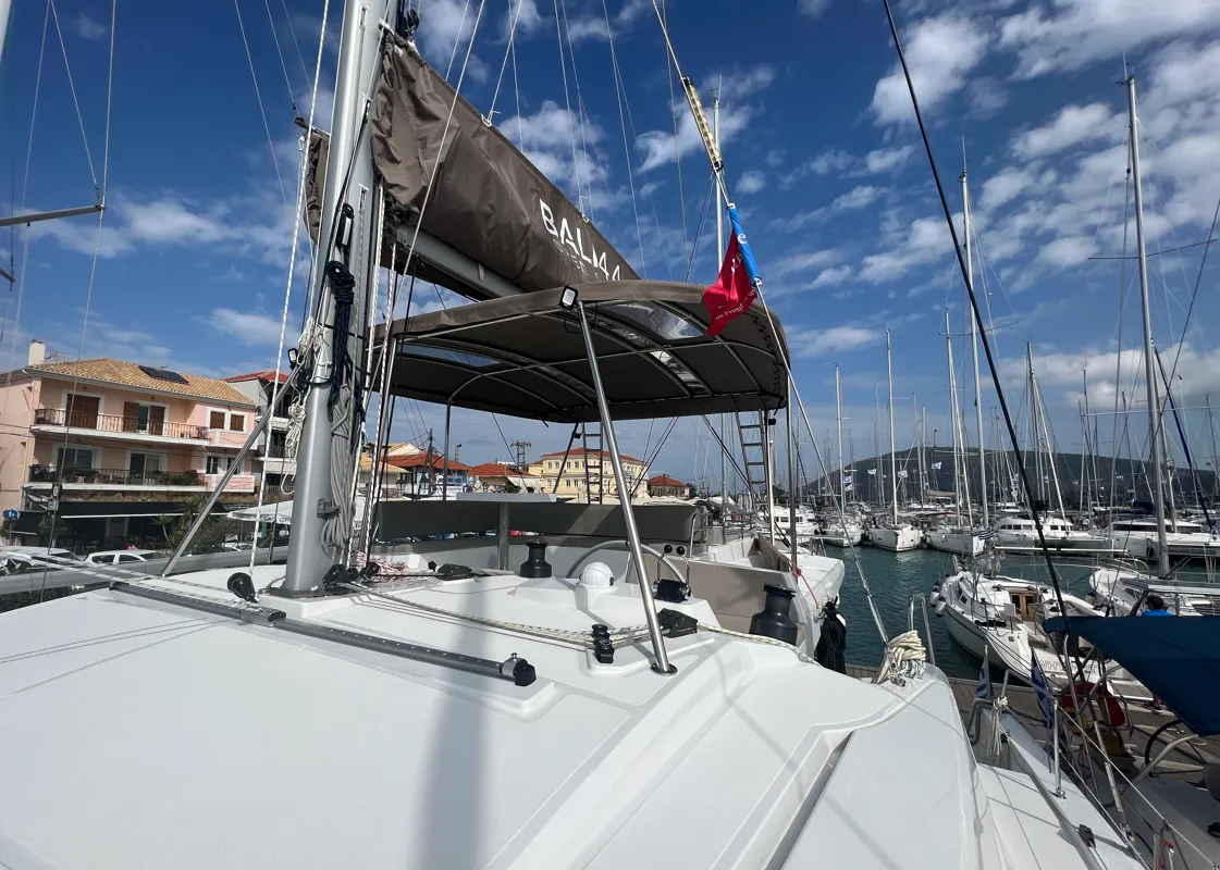 Cockpit of Bali 4.4, a Bali 4.4 catamaran at Municipal Unit of Lefkada, Greece