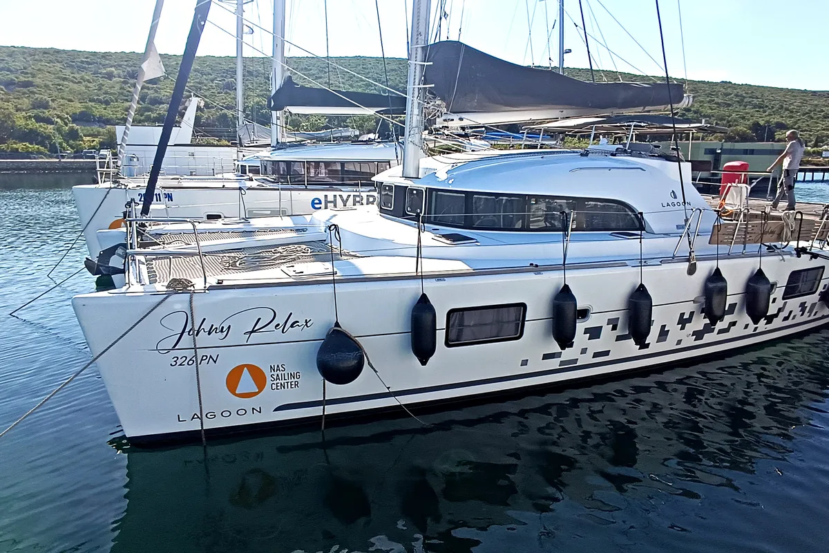 Exterior view of Relax, a Lagoon 380 S2 catamaran at Punat, Croatia
