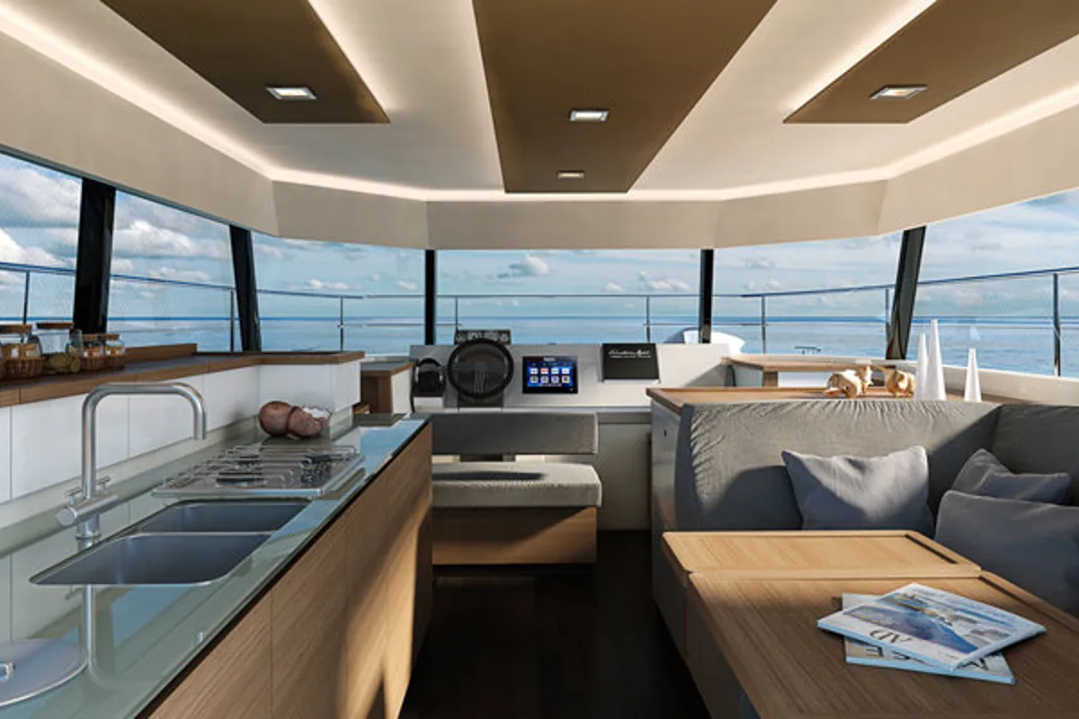 Cockpit of Dream Star, a Fountaine Pajot MY37 catamaran at Primošten, Croatia