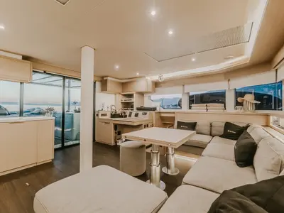 Salon of Tri Wing, a Lagoon 55 catamaran at Grad Kaštela, Croatia
