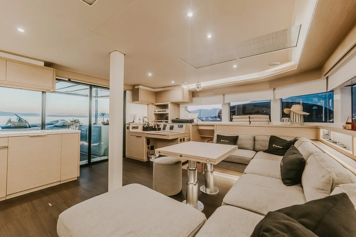 Salon of Tri Wing, a Lagoon 55 catamaran at Grad Kaštela, Croatia
