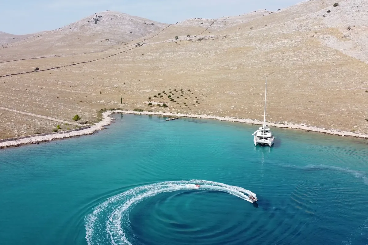 Exterior view of Tri Wing, a Lagoon 55 catamaran at Grad Kaštela, Croatia