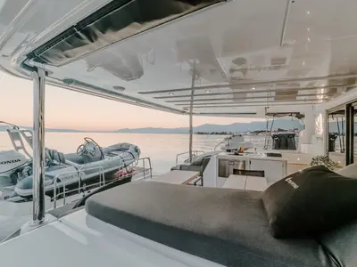 Deck of Tri Wing, a Lagoon 55 catamaran at Grad Kaštela, Croatia