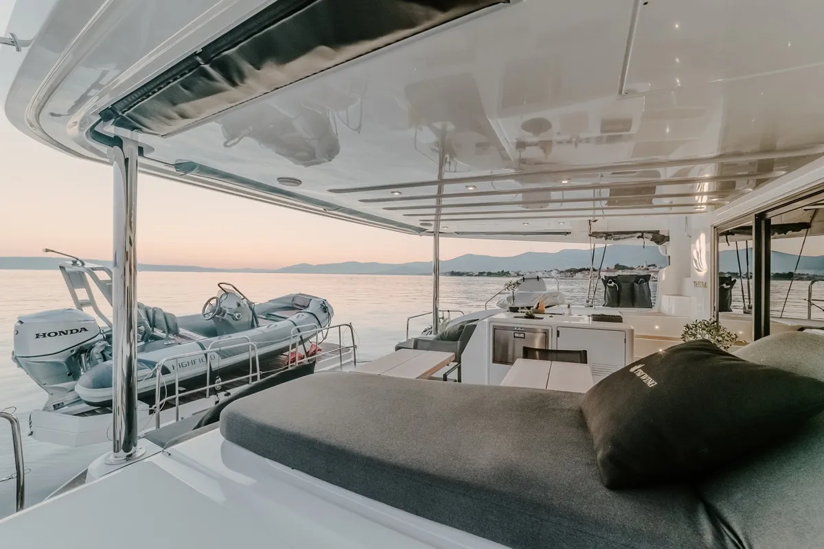 Deck of Tri Wing, a Lagoon 55 catamaran at Grad Kaštela, Croatia