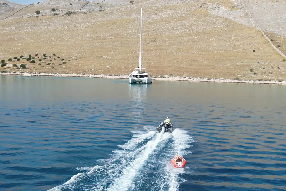 Exterior view of Tri Wing, a Lagoon 55 catamaran at Grad Kaštela, Croatia