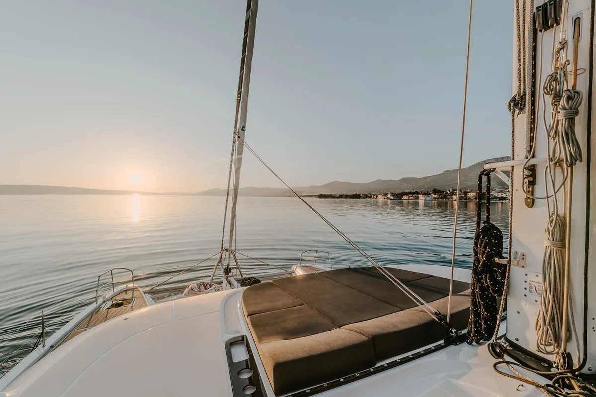 Deck of Tri Wing, a Lagoon 55 catamaran at Grad Kaštela, Croatia