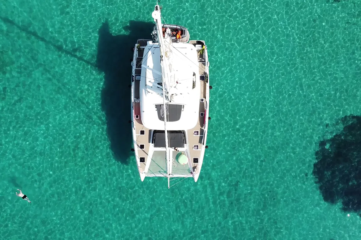 Exterior view of Tri Wing, a Lagoon 55 catamaran at Grad Kaštela, Croatia