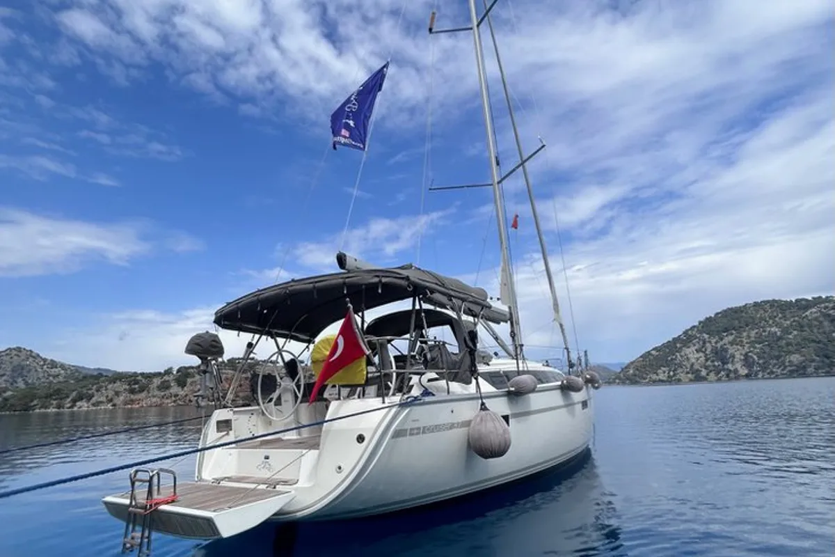 Exterior view of Enjoy the Silence, a Bavaria Cruiser 37 sailboat at Fethiye, Turkey