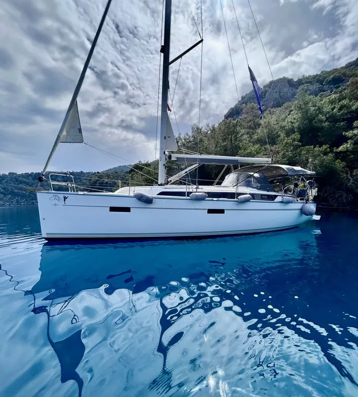 Exterior view of Enjoy the Silence, a Bavaria Cruiser 37 sailboat at Fethiye, Turkey
