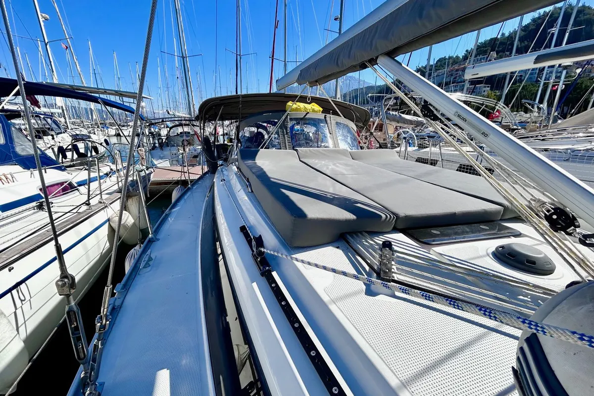 Deck of Enjoy the Silence, a Bavaria Cruiser 37 sailboat at Fethiye, Turkey