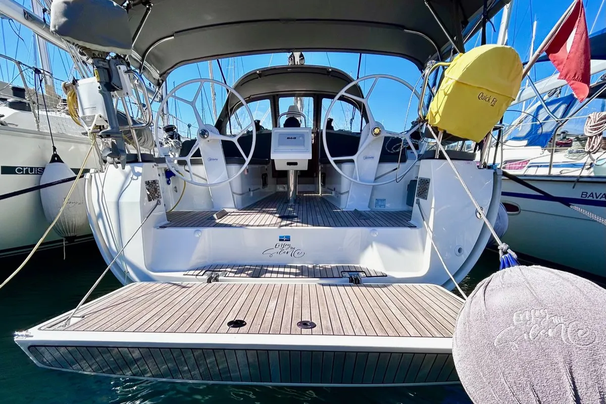 Cockpit of Enjoy the Silence, a Bavaria Cruiser 37 sailboat at Fethiye, Turkey