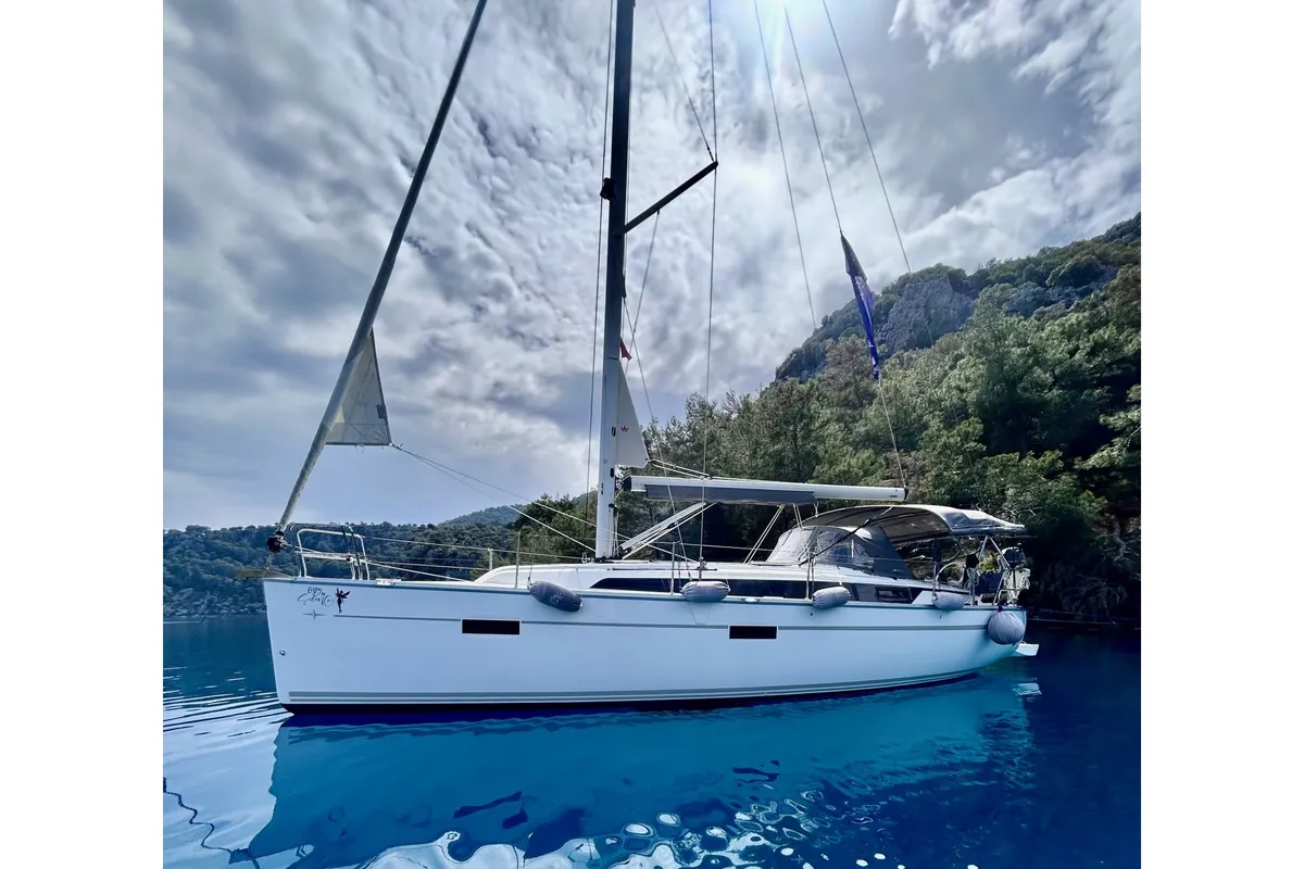 Exterior view of Enjoy the Silence, a Bavaria Cruiser 37 sailboat at Fethiye, Turkey