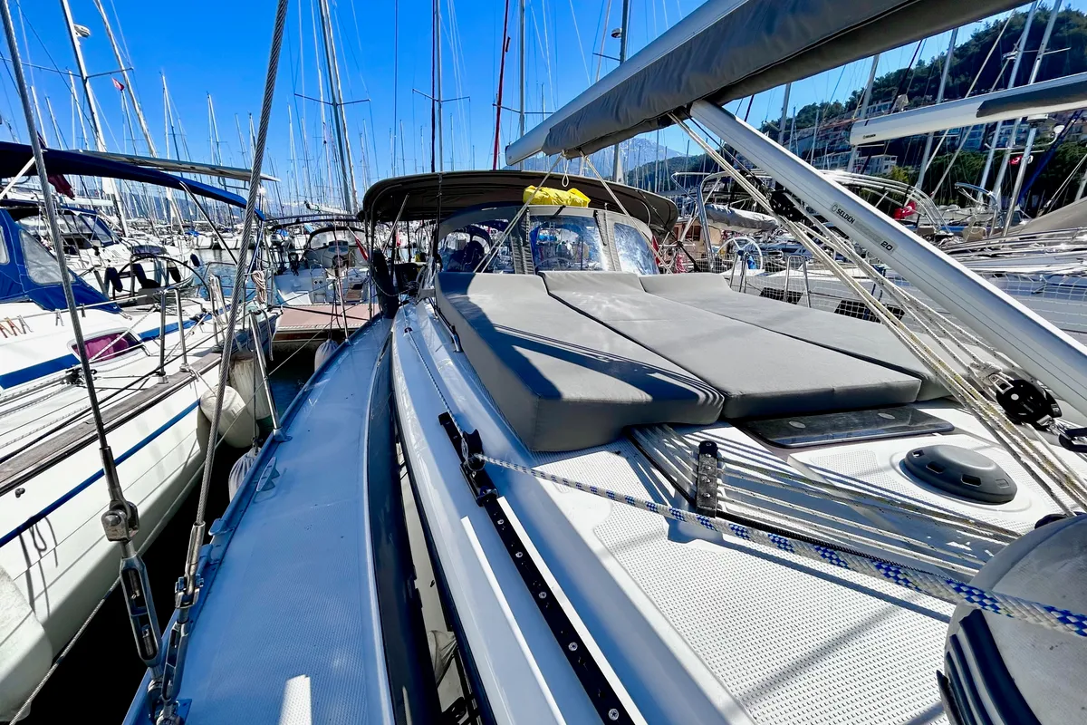 Deck of Enjoy the Silence, a Bavaria Cruiser 37 sailboat at Fethiye, Turkey