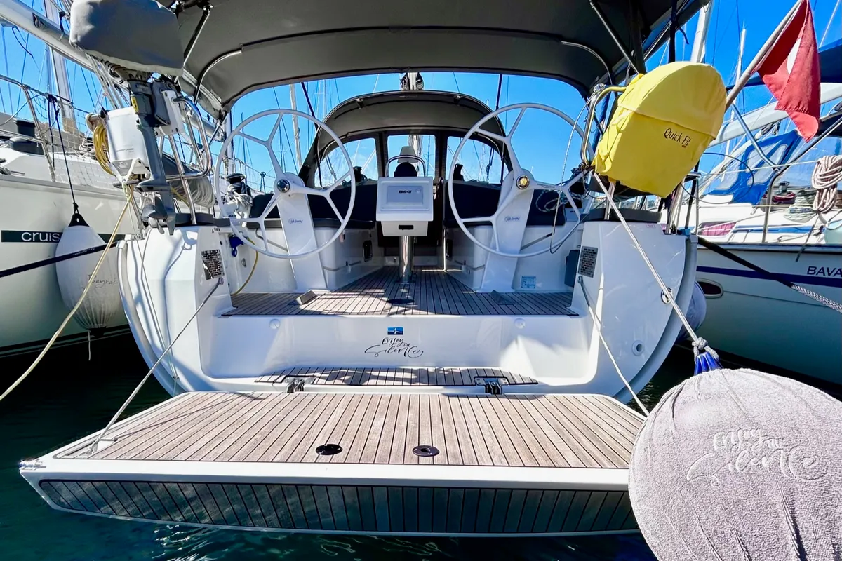 Exterior view of Enjoy the Silence, a Bavaria Cruiser 37 sailboat at Fethiye, Turkey