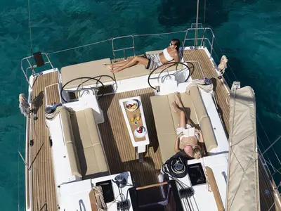 Deck of Genny, a Dufour 460 Grand Large sailboat at Olbia, Italy