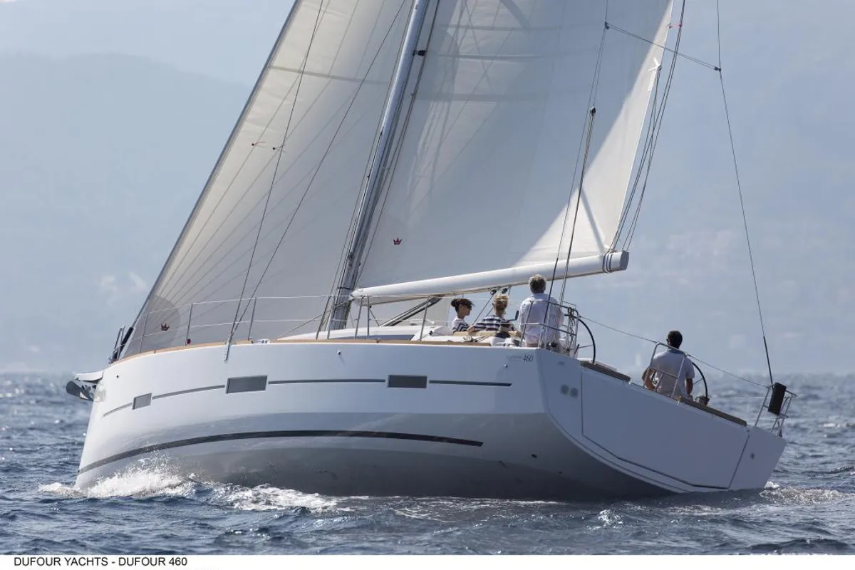 Exterior view of Genny, a Dufour 460 Grand Large sailboat at Olbia, Italy