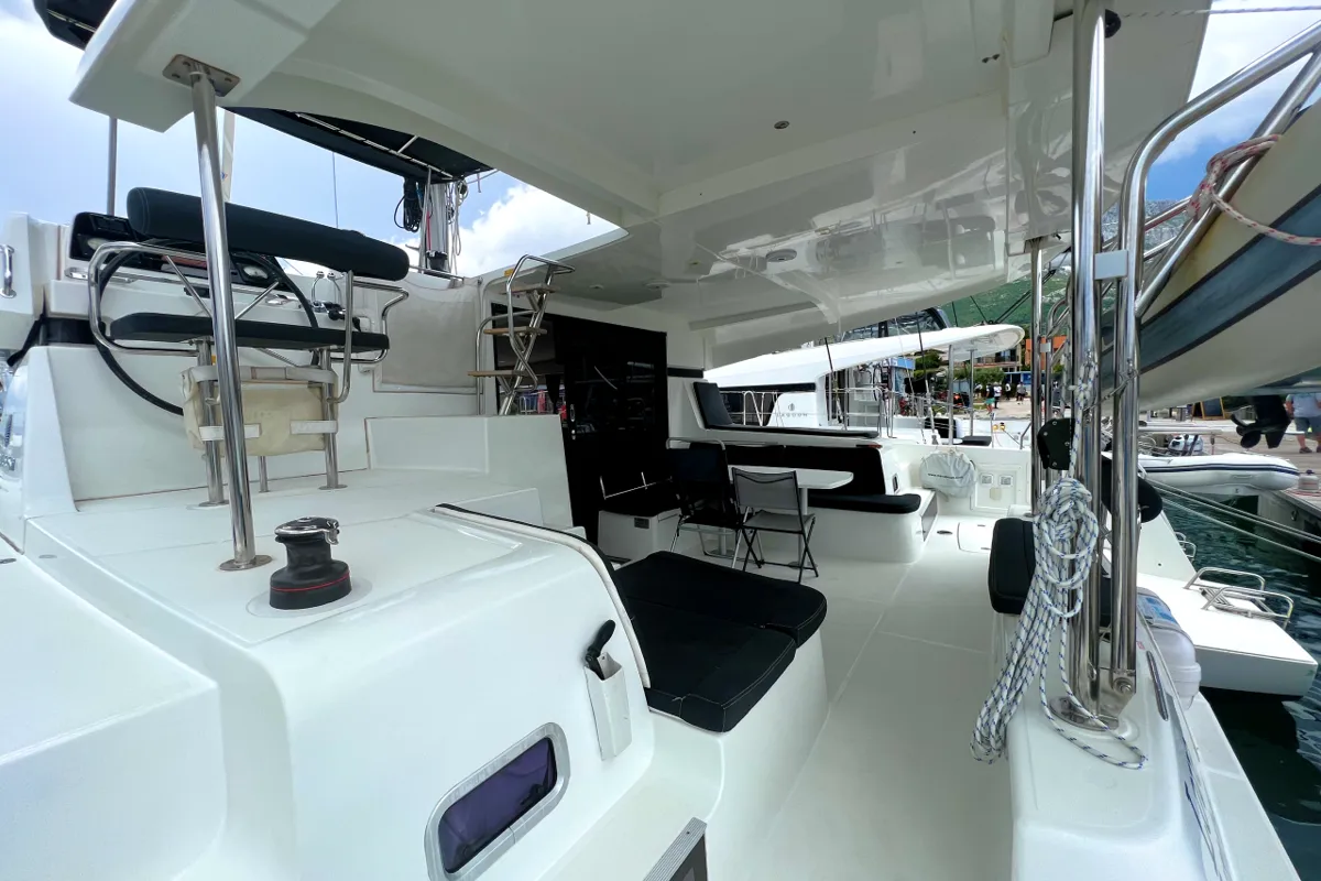 Deck of Love Hunter, a Lagoon 42 catamaran at Grad Kaštela, Croatia