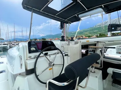 Cockpit of Love Hunter, a Lagoon 42 catamaran at Grad Kaštela, Croatia