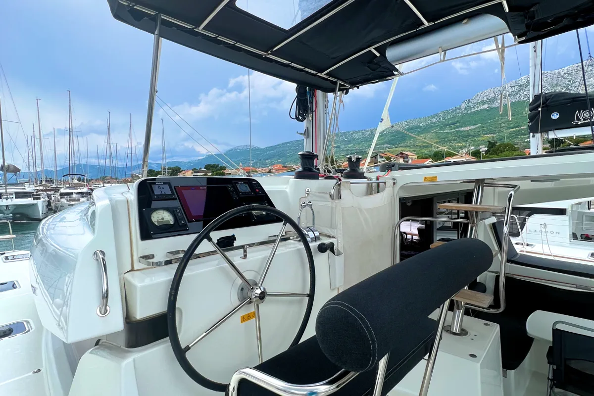 Cockpit of Love Hunter, a Lagoon 42 catamaran at Grad Kaštela, Croatia