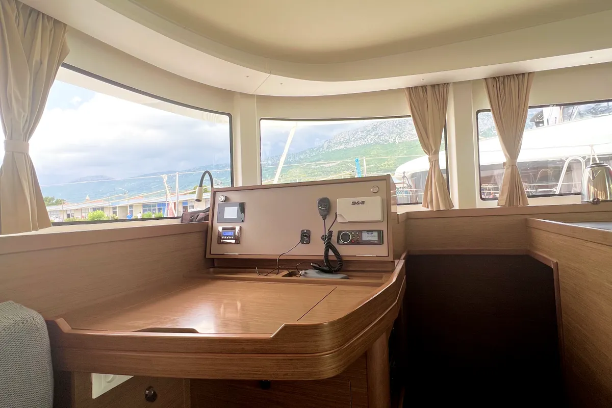 Cockpit of Love Hunter, a Lagoon 42 catamaran at Grad Kaštela, Croatia