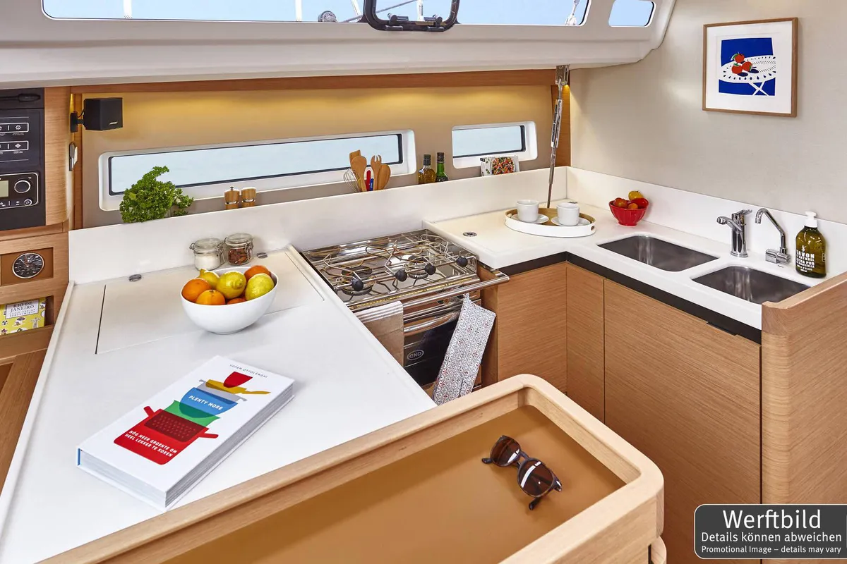 Galley of Kiwi, a Jeanneau Sun Odyssey 440 sailboat at Biograd na Moru, Croatia